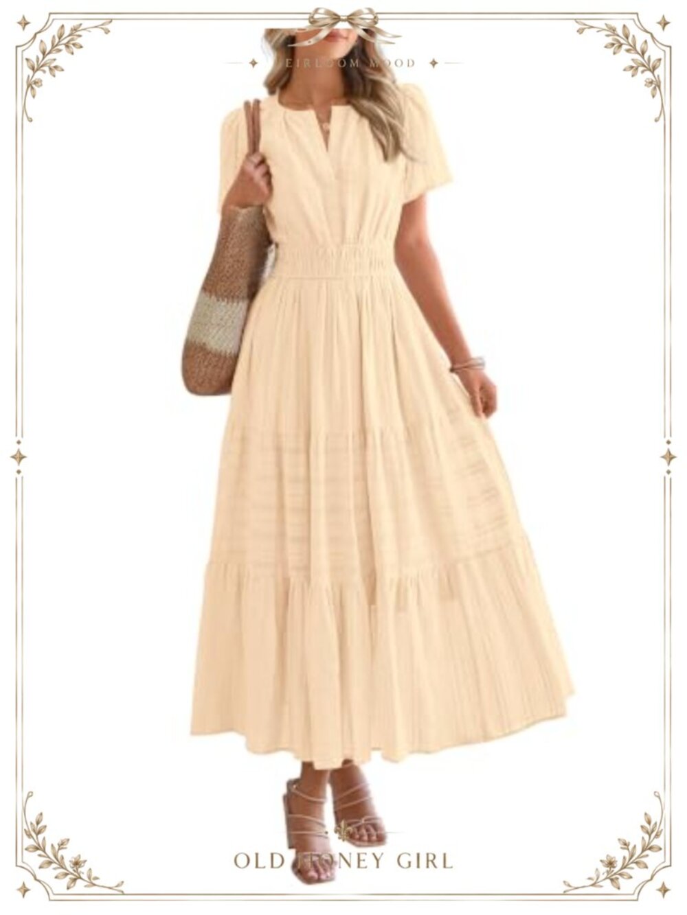Short Sleeve V Neck Elastic Waist Maxi Dress with Pockets